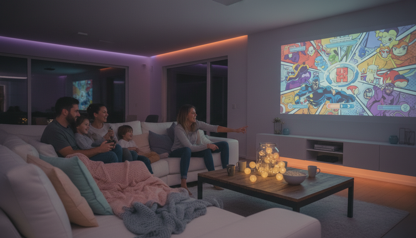 Семья смотрит супергеройский фильм или играет в игру по комиксам в уютной гостиной