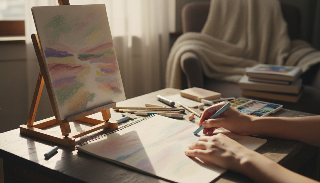 Hands sketching in soft pastels, symbolizing artistic creation