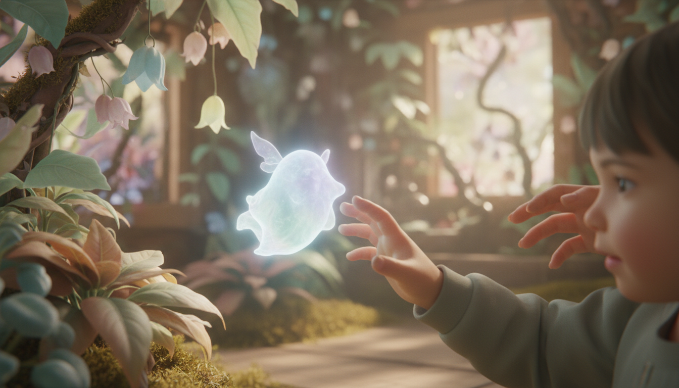 Child's hand touching a spirit in a magical garden