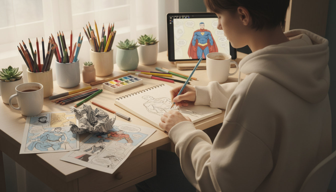 Художник рисует супергероя, процесс адаптации комиксов