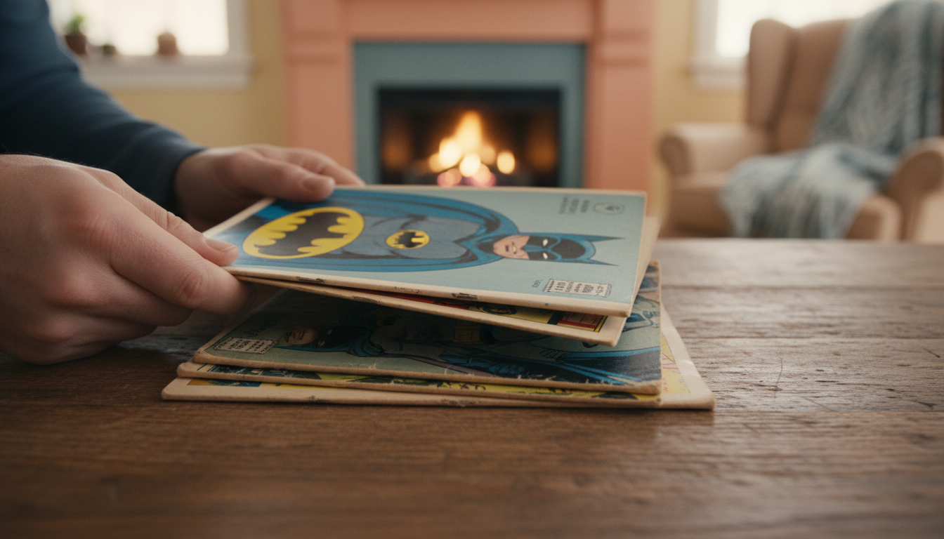 Hands holding vintage Batman comic books in a warm, cozy setting