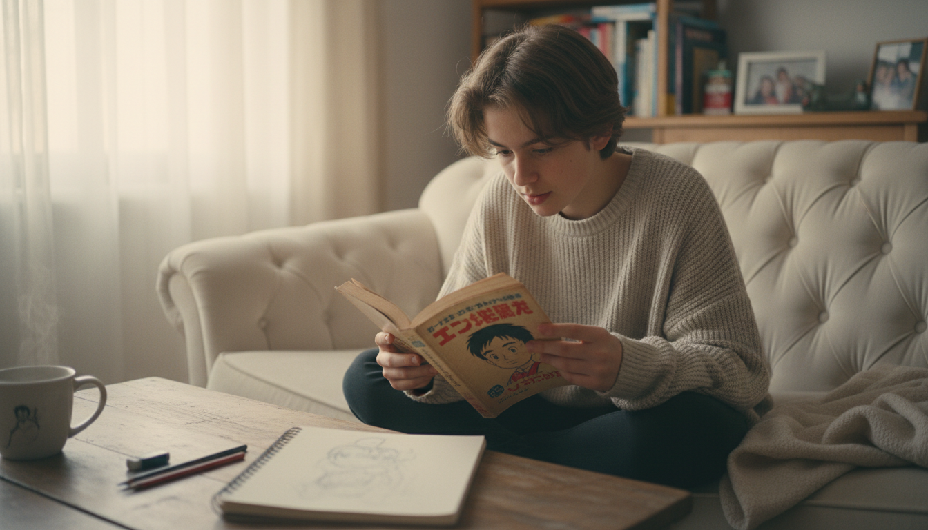 Подросток увлечённо читает классическую мангу на диване